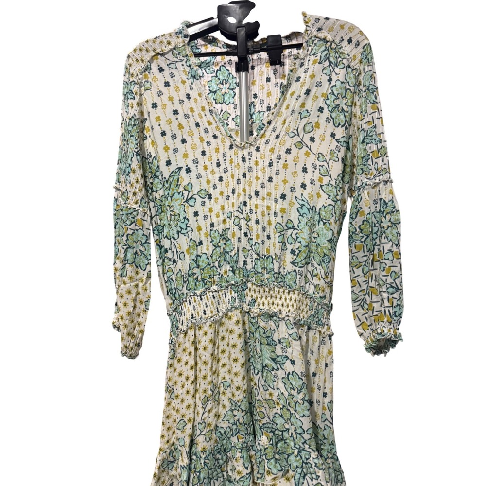Mixed Floral Smocked Waist Ruffle Mini Dress Teal Mustard White Metallic Lurex